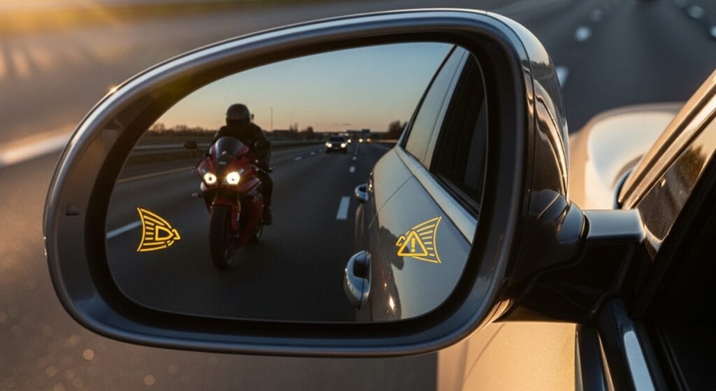 Blind-spot warning light activating as a motorcycle approaches beside a car