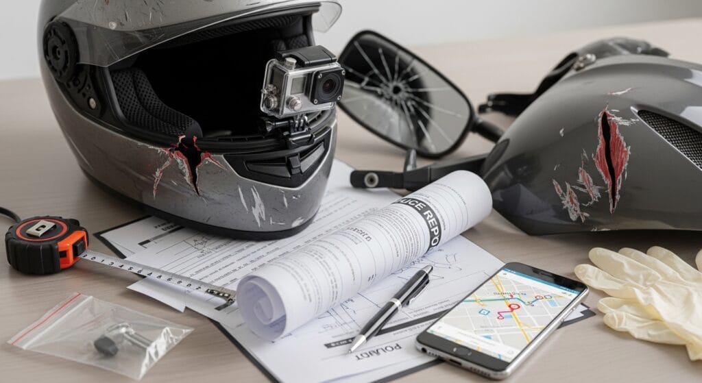 Helmet camera footage and crash evidence used in a motorcycle lane filtering accident claim