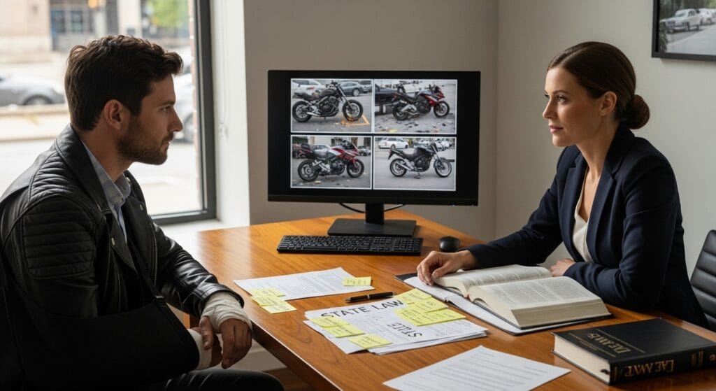 Injured motorcyclist reviewing a lane filtering accident claim with a lawyer