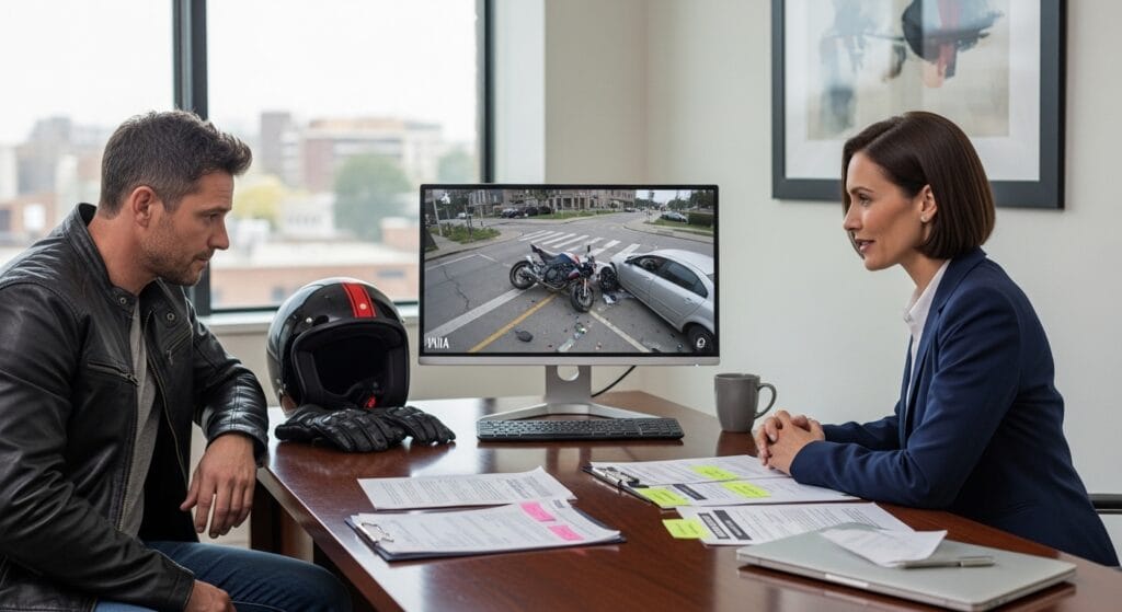 Injured rider reviewing blind-spot crash evidence with a motorcycle accident lawyer