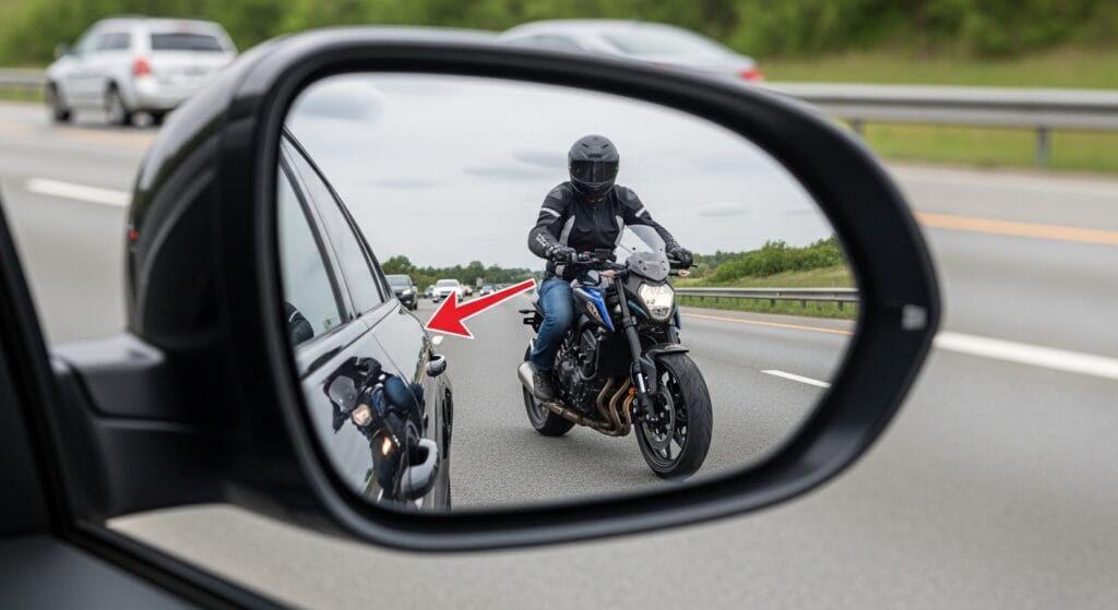 Motorcycle rider hidden in vehicle blind spot