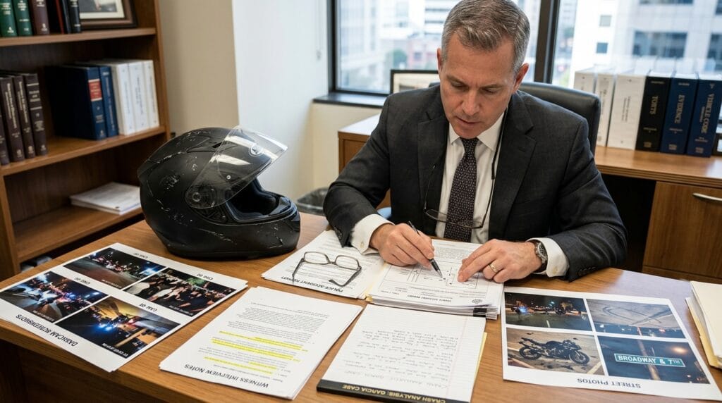 Attorney reviewing dashcam and police evidence after a motorcycle street takeover crash