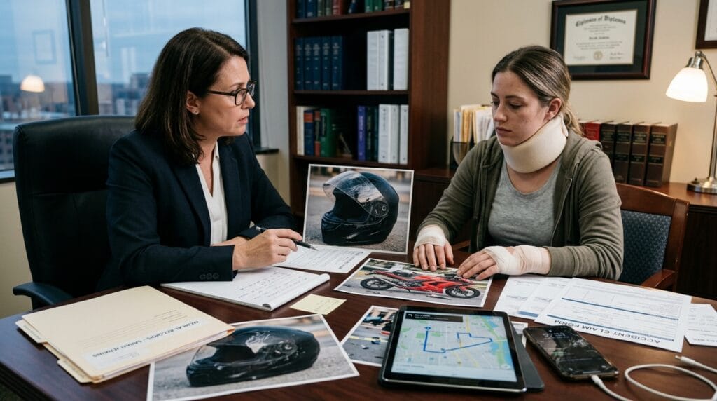 Attorney reviewing delivery driver motorcycle accident evidence and medical records
