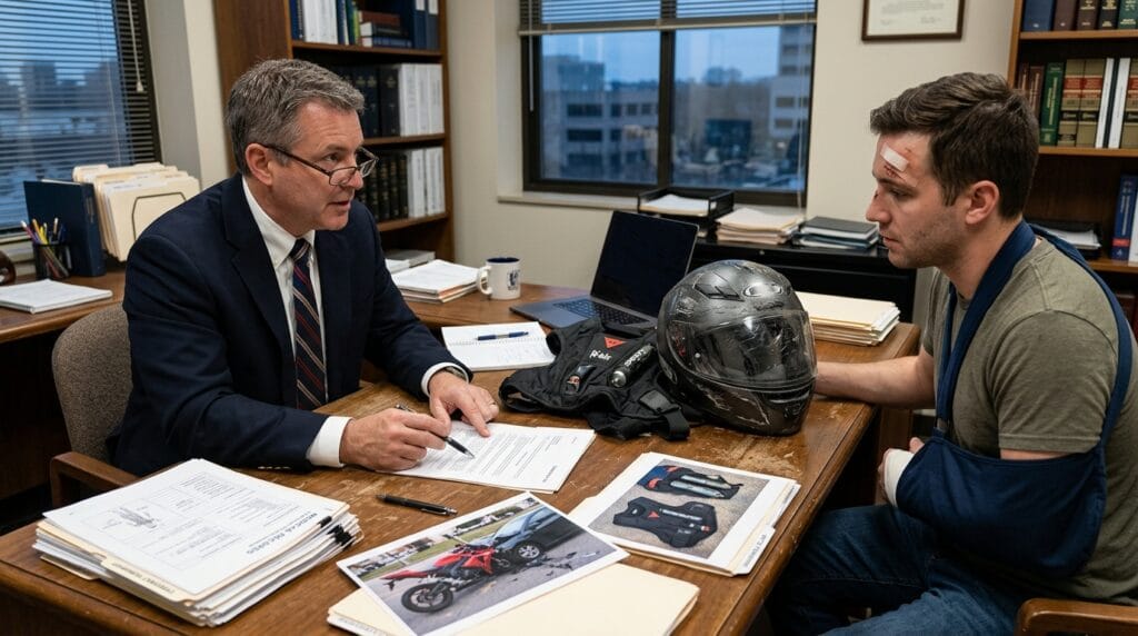 Attorney reviewing motorcycle airbag vest evidence and medical records for an accident claim
