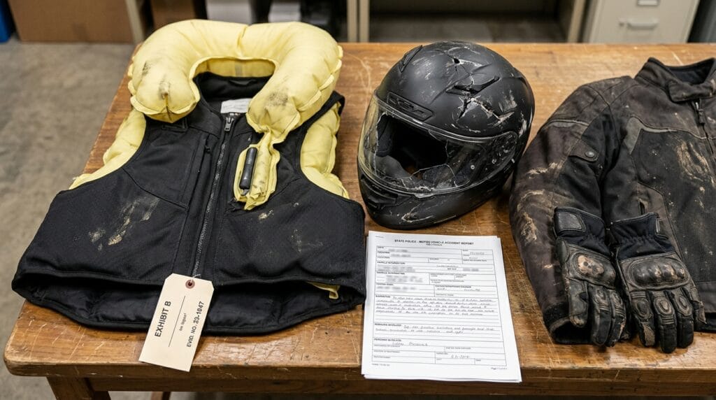 Deployed motorcycle airbag vest and riding gear preserved as evidence after an accident