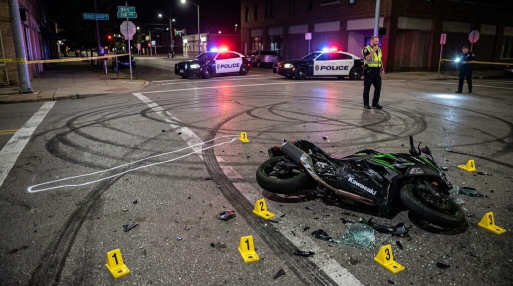 Evidence scene after a motorcycle street takeover accident at a California intersection