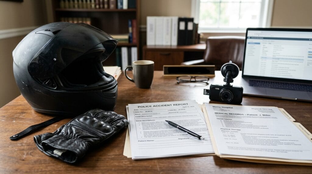 Motorcycle accident claim evidence including helmet, medical records, dashcam, and police report