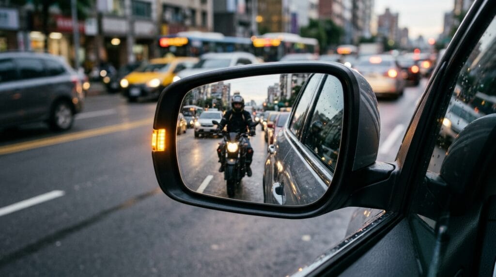 Motorcycle in driver blind spot showing why motorists should look twice before changing lanes