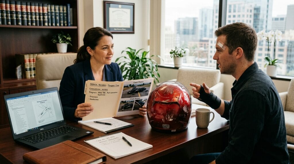 Attorney reviewing motorcycle helmet injury claim evidence with an injured rider