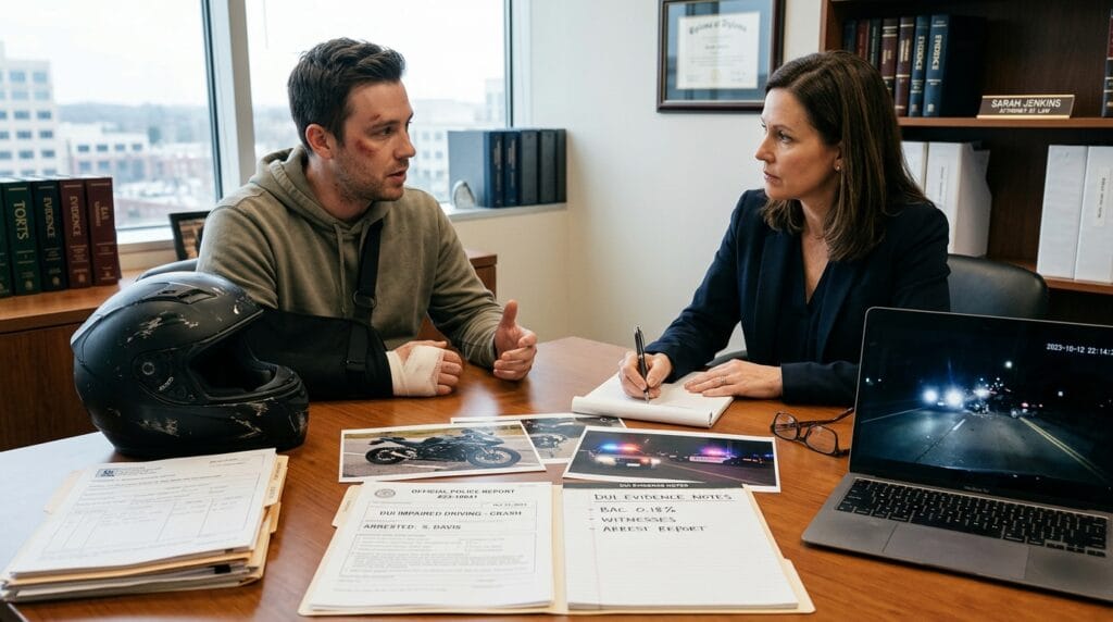 Attorney reviewing motorcycle impaired driving accident claim evidence with a rider
