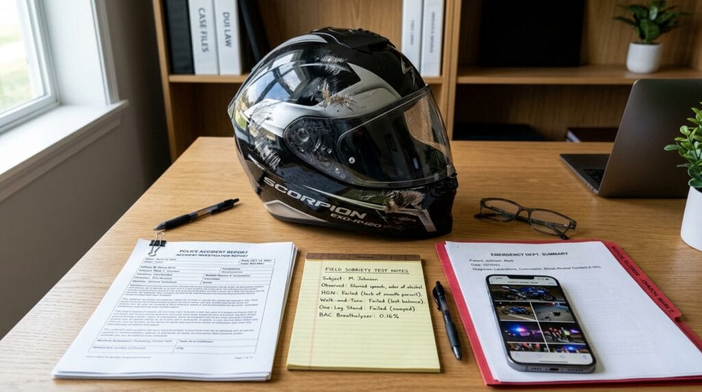 Motorcycle DUI crash evidence including police report, helmet, and medical records