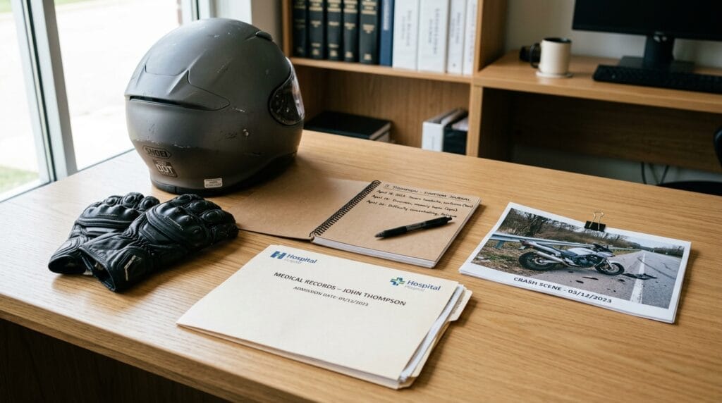 Motorcycle brain injury evidence including helmet, medical records, and symptom journal