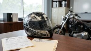 Motorcycle helmet injury claim involving helmet damage and brain injury evidence
