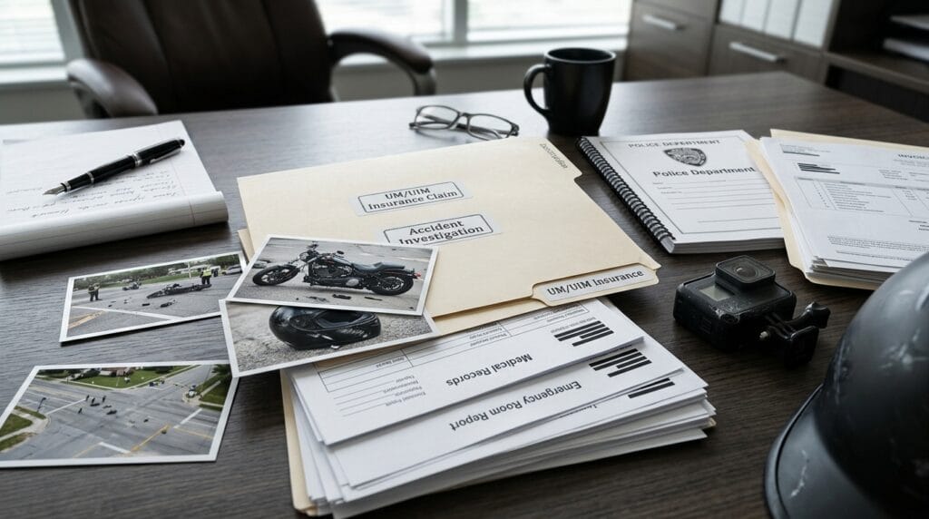 Motorcycle ghost plate claim documents with UM insurance papers, medical records, and police report