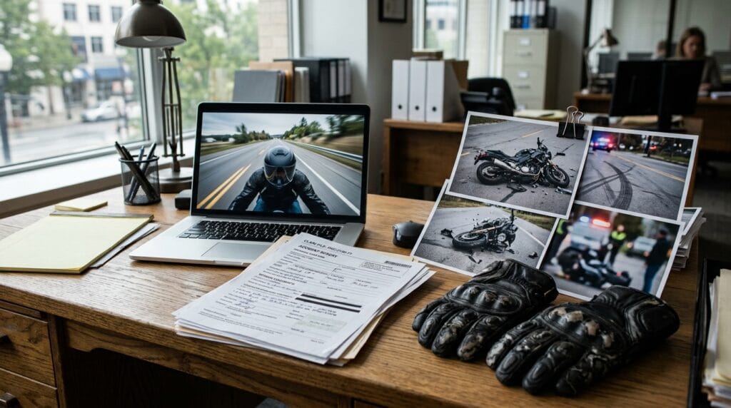 Motorcycle ghost plate claim evidence with helmet camera footage, crash photos, and damaged riding gear
