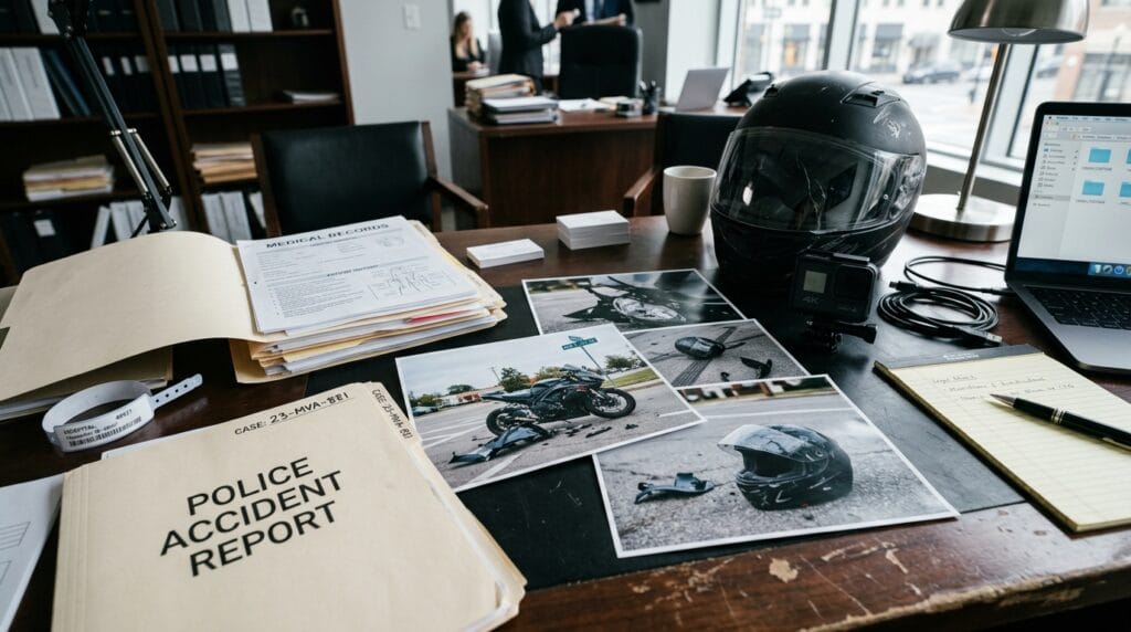 Motorcycle road rage claim documents with medical records, police report, and helmet cam evidence