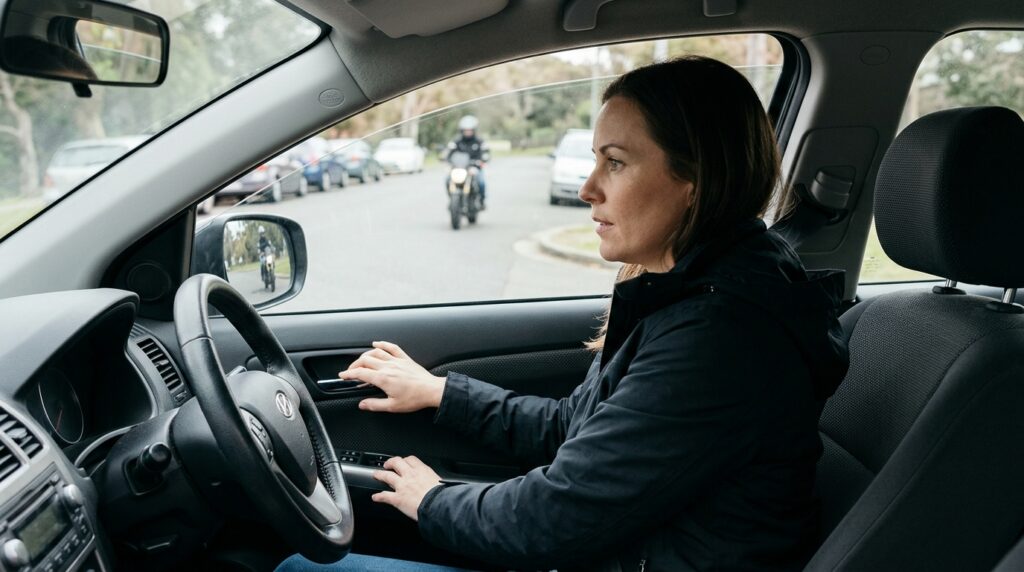 Driver checking for approaching motorcycles before opening a parked car door