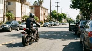 Motorcycle dooring accident risk involving an opened car door on a California street
